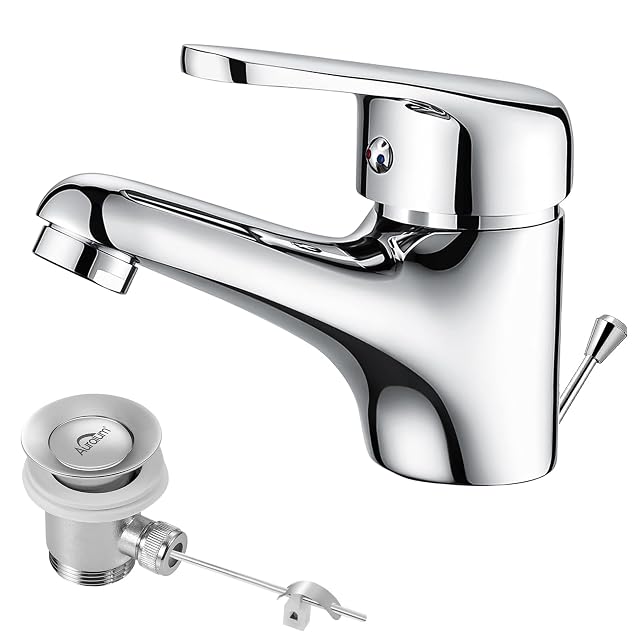 Miscelatore da lavabo cromato Auralum con piletta a saltarello in ottone massiccio