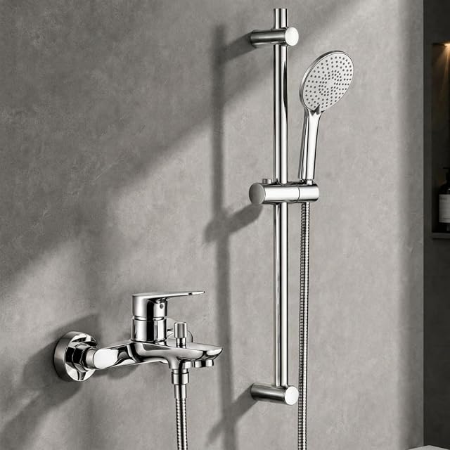 Set miscelatore vasca cromato Auralum con barra doccia e doccetta