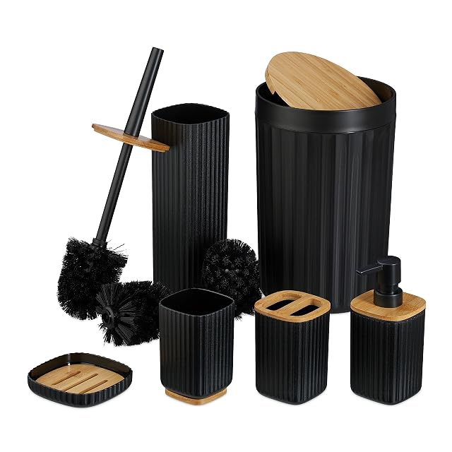 Set da bagno sei pezzi Relaxdays in plastica nera rigata e bambù