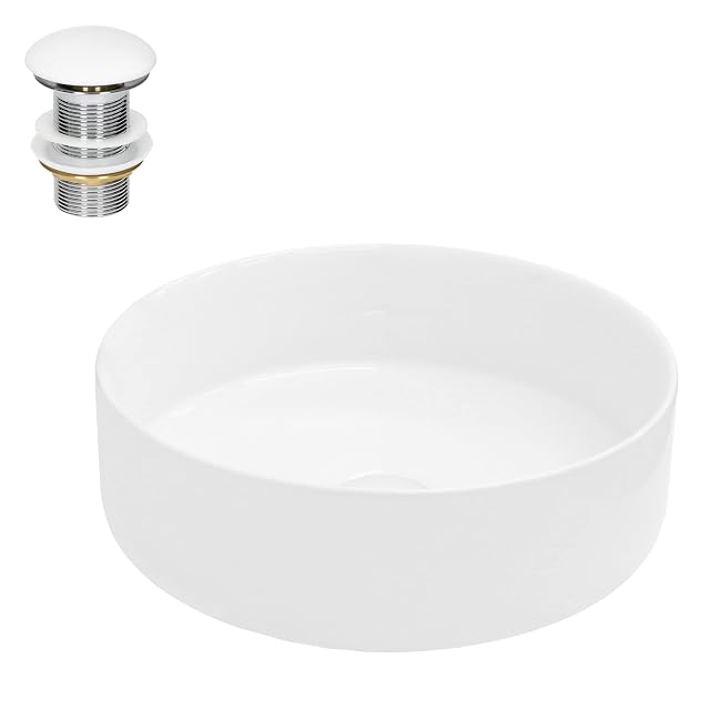 Lavabo da appoggio tondo in ceramica bianca LuxeBath con piletta a click