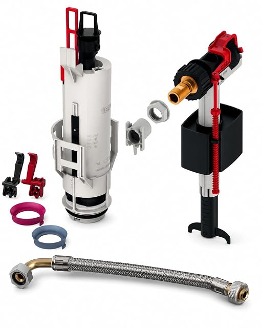 Set con rubinetto di riempimento TECE F10, flessibile blindato e valvola di scarico A2