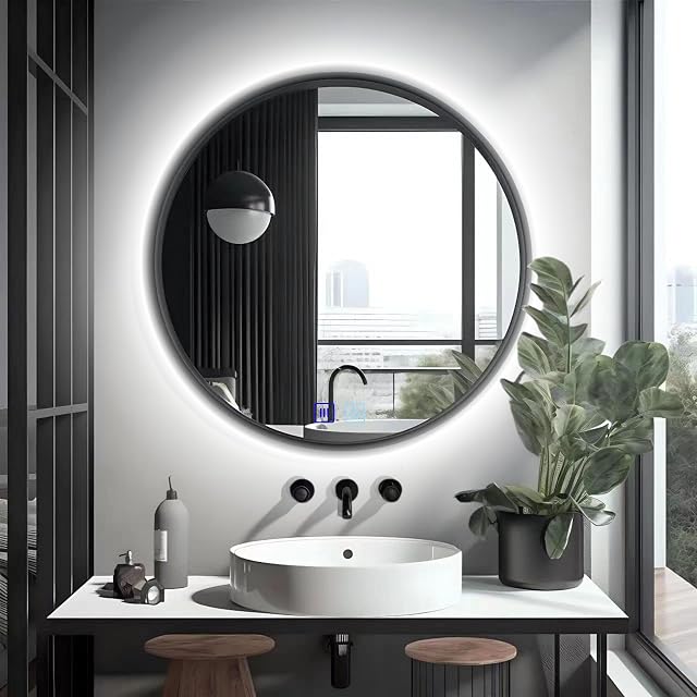 Specchio da bagno LED rotondo con cornice nera Save LOFT