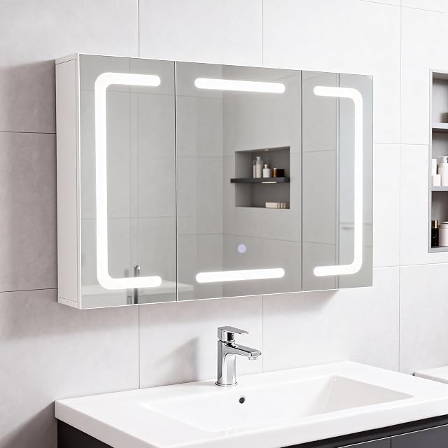 Specchiera contenitore da bagno bianca con illuminazione LED e tre ante Thanaddo