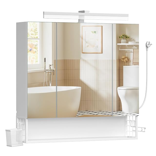 Specchiera contenitore da bagno bianca a tre ante e barra luminosa VASAGLE